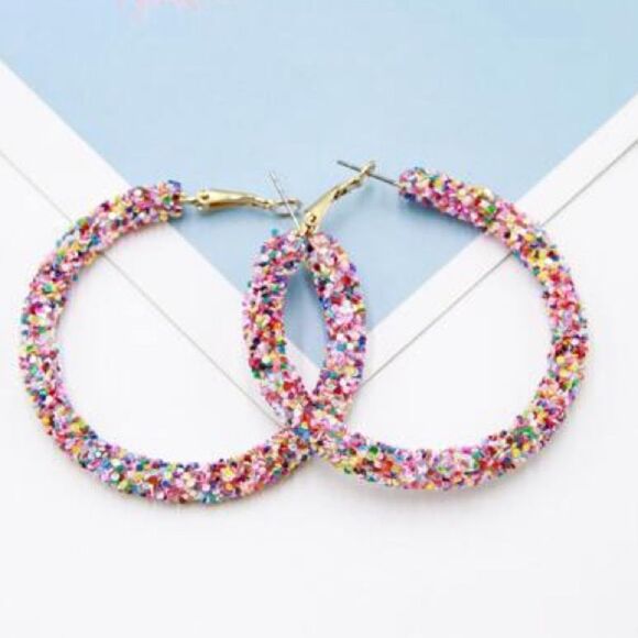Colorful Rainbow Glitter Hoop Earrings - Picture 1 of 12